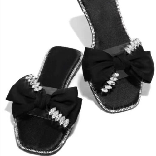 Flat Slippers With Big Rhinestone Bow